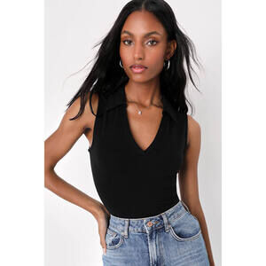 Lulus Always The Vibe Black Collared Sleeveless V-neck Bodysuit - Size M